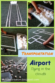 an airport themed play in the clouds made with foam and cotton balls is fun for kids