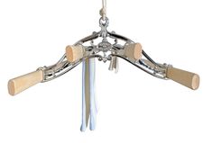 a chandelier with three wooden handles hanging from it's center rod and two circular hooks on each end