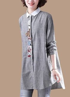 Casual Grey Embroideried button Striped Patchwork Shirt SpringFabric: Cotton 45%, Linen 55%Size & Fit: Fit: This garment fits true to size.Length: Size L measures 33.54"from shoulder to hemBust: Great for any cup size. Waist: Loose Fit. Comfortable room throughout midsection.Hip: Loose Fit - room for hips. Hand Wash Cold. Gray Long Sleeve Blouse With Buttons, Patchwork Shirt For Workwear, Summer Patchwork Blouse With Collar, Summer Blouse With Patchwork Collar, Summer Blouse With Patchwork And Collar, Spring Long Sleeve Patchwork Blouse, Spring Patchwork Button-up Shirt, Spring Patchwork Button-up Top, Gray Shirt With Button Closure