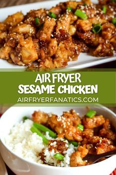 an air fryer sesame chicken with rice and green onions