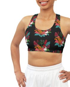 Tropical Floral Black Seamless Sports Bra - Global Village Kailua Boutique Seamless 4-way Stretch Sports Bra, Multicolor Stretch Activewear Bra Friendly, Seamless 4-way Stretch Sports Bra For Workout, Multicolor Stretch Sports Bra For Gym, Gym Sports Bra With Seamless 4-way Stretch, Seamless Sports Bra With 4-way Stretch For Workout, Black Sports Bra For Summer Sports Events, Multicolor Moisture-wicking Sports Bra For Yoga, Multicolor Moisture-wicking Sports Bra For Workout