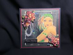 a card with an image of a woman and flowers on it