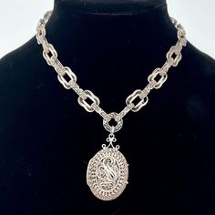 "🌼 This really is an amazing piece.  Silver filigree square link chain necklace with large filigree locket and hook closure.  I believe this is at least 800 silver, untested, unmarked.  European or Middle Eastern design. 🌼 Measures: necklace is 17\" long, locket is 1 7/8\" x 1 1/4\".  Each square link in the chain is 5/8\" long. 🌼 Condition: good/very good.  Overall this piece is in gorgeous condition.  There are a few small areas where the filigree link has been bent. Will be shipped priorit Middle Eastern Design, Link Chain Necklace, Silver Lockets, Silver Filigree, Locket Necklace, Chain Link Necklace, Middle Eastern, Link Chain, Locket