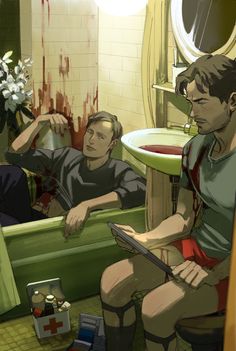 two people sitting in a bathroom with blood on the walls