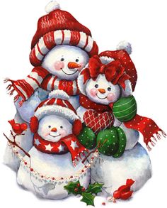 three snowmen with hats, scarfs and scarves on their heads are standing next to each other