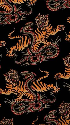 an orange and black dragon pattern on a black background