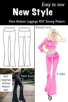 a woman in pink pants and heels with text that says, new style flare bottom leggings pf sewing pattern