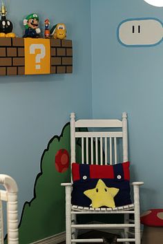 a child's room decorated in mario bros theme