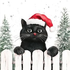 a black cat wearing a santa hat behind a white picket fence with trees in the background