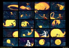 an animation storyboard with many different scenes and characters in the same scene, including one being