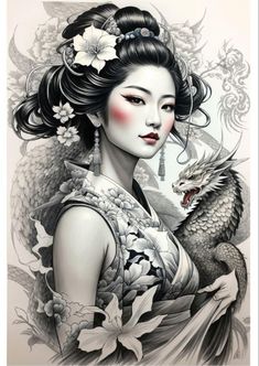 Geisha Drawing Tattoo, Asian Artwork, Samurai Tattoo Design