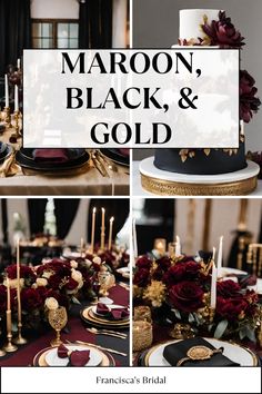 this is a collage of black and gold wedding decor