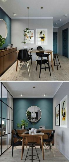 two pictures of a dining room and living room with blue walls, wood flooring and furniture