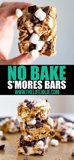 no bake s'mores bars stacked on top of each other