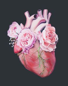 a painting of a human heart with pink roses on it's side and an arrow in the middle