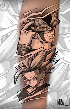 an arm tattoo with the image of gohan and vegeta from dragon ball