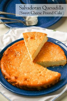 a piece of cheese pound cake on a blue plate