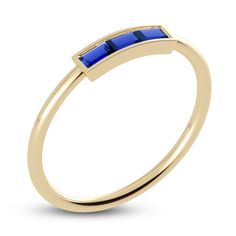 A sleek row of three baguette-cut natural blue sapphire gemstones modernizes this striking bar style ring from the Juliette Maison™ collection. Fashioned in 10K yellow gold, the bezel set stones make a bold but elevated statement with its minimal design. Modern Baguette Cut Sapphire Ring, Modern Blue Rings With Baguette Diamonds, Modern Blue Sapphire Baguette Cut Ring, Diamond Solitaire Earrings, Gold Book, Jared The Galleria Of Jewelry, Bar Ring, Bar Styling, Gold Price