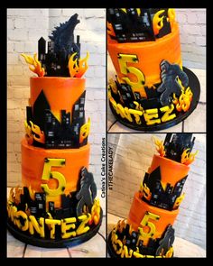 this is a three tiered cake decorated with black and orange icing, topped with legos