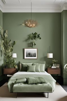 a bed with green sheets and pillows in a room that has plants on the wall