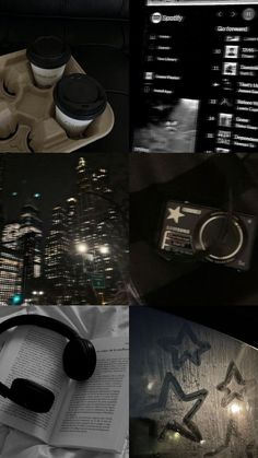 the collage shows several different types of objects in black and white, including an open book with headphones on it