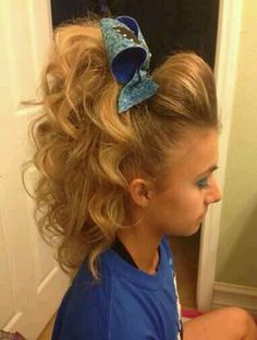 High pony tail with bump and curls| cheer hair Cheer Hair Poof, Cheer Ponytail, Hairstyles Images, Cheer Makeup, Bow Hairstyle