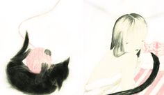 two drawings of a girl and a cat on a bed with pink sheets, one is black and the other is white