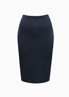 This pencil skirt in milano knit features an exposed back metal zipper 24 inch length from the waist. The high waisted pencil skirt is suitable as workwear or night time attire. Pencil skirt features an exposed back metal zipper with a 24 inch length from the waist, stitched in a milano knit. High waisted skirt is suitable for a day at the office or a night on the town. Italian yarn: 83% viscose and 17% elite polyamide blend. Dry clean only. Product of France. Navy blue skirt styled with Stephan Elegant High-waist Skirt For Business Casual, Elegant High Waist Skirt For Business Casual, Formal High-waist Fitted Pencil Skirt, Elegant High Waist Pencil Skirt For Office Wear, Formal High Waist Relaxed Pencil Skirt, Formal High-waist Relaxed Pencil Skirt, Modern Lined Skirt For Office, Evening Elastane Pencil Skirt, Elegant Midi Pencil Skirt For Work