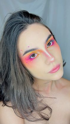 Orange & Pink - ish little makeup Pink Pride Makeup, Lava Girl Makeup, Yellow And Pink Makeup, Pink Rave Makeup, Orange And Pink Makeup, Pink And Orange Eyeshadow, Pink And Orange Makeup, Big Makeup, Lava Girl