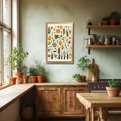 a kitchen filled with lots of potted plants next to a wooden counter top under a window