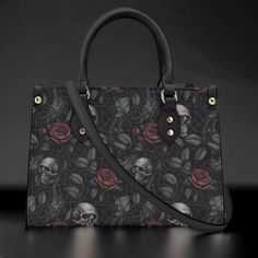 Gothic PU Leather Tote Bag, Dark Roses and skull Trendy Fashion Handbag, Dark academia Vegan Leather Handbag Gift, Black Rose Purse Introducing our Gothic-themed PU Leather Fashion Handbag Tote Bag, the perfect accessory for those who embrace a darker, edgier style. Crafted with high-quality PU leather, this bag combines durability and elegance, making it a must-have for fashion-forward individuals with a penchant for gothic aesthetics. The smooth zipper closure ensures easy access to the spacio Gothic Skull-shaped Bag With Skull Print, Gothic Skull Bag For Everyday Use, Rectangular Shoulder Bag With Skull Print For Daily Use, Rectangular Skull Print Shoulder Bag For Daily Use, Daily Use Skull Print Shoulder Bag, Skull Print Shoulder Bag, Skull Print Tote Bag For Daily Use, Everyday Tote Bag With Skull Print, Black Bags With Skull Print For Everyday Use