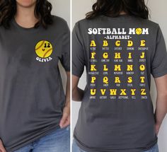 Personalized Softball Mom Shirt, Softball Mom Alphabet, Softball Mama Sweatshirt, Softball Numbers Shirt, Sports Mom Gift, Softball Team Tee MATERIAL UNISEX T-SHIRT **Material * Our shirts are composed of 60% cotton and 40% polyester for your comfort. **Size Chart  * Feel free to refer to our size chart for the ideal fit of your t-shirts. * Explore a diverse range of sizes designed to accommodate every member of your family. UNISEX SIZING CHART Small: Length 28" - Width 18" (4-6) Medium: Length 29" - Width 20" (6-10) Large: Length 30" - Width 22" (10-14) XL: Length 31" - Width 24" (14-18) 2XL: Length 32" - Width 26" (18-20) 3XL: Length 33" - Width 28" (20-22) All measurements are approximations. Shirts may be within 1" of the dimensions listed The shirts were measured laying on a flat surf Softball Shirts For Moms, Softball Sweatshirt, Softball Accessories, Softball Mom Shirt, Sports Mom Gifts, Softball Mama, Softball Mom Shirts, Number Shirt, Softball Team