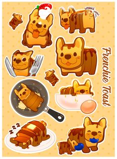 a sticker sheet with some dogs and food on the top one is brown, while others are white