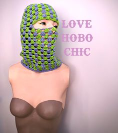 "Fey - Lace Fishnet Balaclava, Fishnet Veil, hood, Crochet, Cotton, Chartreuse and Periwinkle - Unisex - Adult Size - %100 Cotton - Light Weight - Color: Chartreuse and Periwinkle - Eyes/brow Cutout - Full Neck Coverage - Granny Stripe Face Covering Accessory - All Crochet Construction Measurements 16\" from top to bottom 7.5\" from top to forehead 6.5\" wide opening This item is washable, and durable. For best results wash as follows: Gentle wash in cold Hang dry or dry flat This item is handma Crochet Full Face Mask, Periwinkle Eyes, Fishnet Veil, Hood Crochet, Crochet Construction, Granny Stripe, Custom Crochet, Full Face Mask, Wool Winter