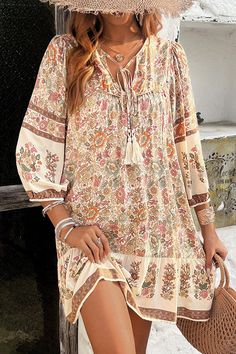 Bohemia Print V Neck Casual Dress – Beachsissi Bohemian Summer Dresses, Mini Robes, Winter Jacket Men, Dresses By Length, Elegant Shirt, Winter Jackets Women, Printed Midi Dress, Bohemian Dress, Casual Blouse