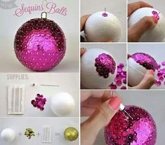 a collage of photos showing how to decorate christmas balls with glitter and beads on them