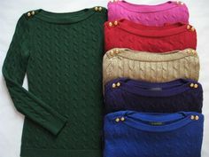 BRAND: LAUREN RALPH LAUREN COLOR: Blue, Green, Metallic gold, Pink, Purple, Red STYLE:  Cable-knit sweater MATERIAL: 100% Cotton     Boat neck with gold toned buttons Long sleeves Embroidered `LRL` monogram at the left chest Machine washable cold Brand new  with tags         ORIGINAL RETAIL PRICE: $89.50 All products on our store are 100% authentic NO RETURNS ACCEPTED FROM INTERNATIONAL BUYERS Please e-mail me with any questions Elegant Gold Winter Sweater, Elegant Gold Sweater For Winter, Ralph Lauren Cable Knit Sweater For Fall, Gold Knit Winter Sweater, Gold Knit Sweater For Winter, Gold Crew Neck Sweater For Fall, Ralph Lauren Long Sleeve Cable Knit Sweater, Ralph Lauren Fitted Sweater For Fall, Fitted Ralph Lauren Sweater For Fall