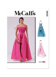 a woman in a strapless dress and high low - low skirt is featured on the sewing pattern