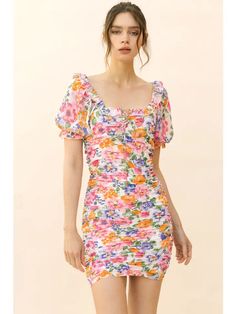 This pretty style features a ruffled square neckline, short sleeves with ruffled ends, and a fitted bodycon silhouette. It also has an upper open back detail and a smocked back center. European Winter Fashion, European Fashion Winter, European Winter, Better With You, Puff Sleeve Mini Dress, Fashion Y2k, Floral Bodycon, Bodycon Floral Dress, Year 2000