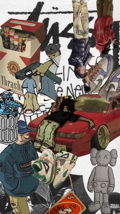 a collage of various items that include shoes, clothing, and other things in the image