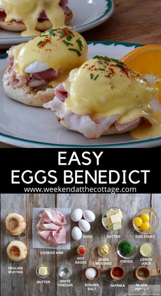 an egg benedict with ham, cheese and eggs on it is shown in this recipe