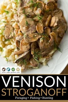 the cover of venison stroganonoff is shown on a plate