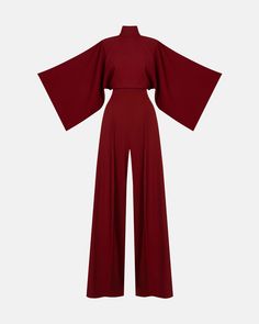 IO Jumpsuit features an exaggerated wide leg, pleat front detail and a high waist perfectly balanced out with traditionally tailored Kimono style sleeves and a high neck with 3 button closures at the back of the neck and an elegant open back. Jumpsuit Palazzo Outfit, Formal Jumpsuit Outfit, Wide Leg Jumpsuit Formal, Casual Jumpsuit Outfit, Women Jumpsuit Outfits, Elegant Jumpsuit, Mode Kimono