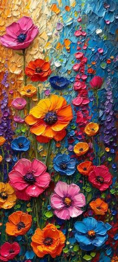 an oil painting of colorful flowers on canvas