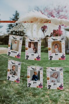 a photo frame hanging from a string with pictures on it and some feathers in the background