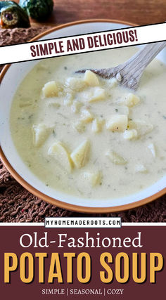 an old fashioned potato soup is served in a bowl