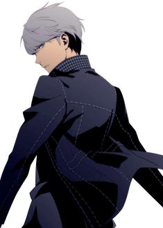 an anime character with grey hair and black clothes