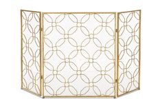 a white and gold screen with an intricate design on the top, in front of a white background