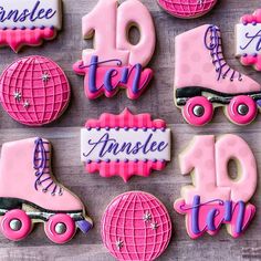 decorated cookies with roller skates and pink icing for 10th birthday party or baby shower