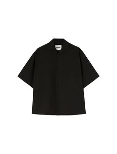 black -cotton -tag with logo -classic collar -front closure with buttons -short sleeves -straight hem Composition: 100% Cotton | Jil Sander Men's Boxy Fit Short Sleeve Shirt, Open Bowling Shirt Collar, Front Closure With Five Buttons, Classic Yoke, Straight Hem in Black | SS24 Classic Relaxed Fit Camp Shirt, Modern Shirt With Camp Collar And Button Closure, Classic Solid Camp Shirt With Button Closure, Modern Shirt With Button Closure And Camp Collar, Short Sleeve Cotton Shirt With Lapel Collar, Classic Relaxed Fit Camp Shirt With Button Closure, Classic Solid Top With Johnny Collar, Classic Cotton Camp Shirt With Camp Collar, Classic Short Sleeve Workwear T-shirt